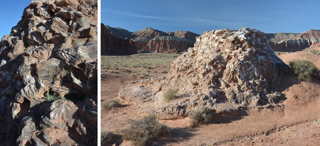 Two photos: Close up of gray and white shiny rocks, and photo of small shiny hill in a red valley.