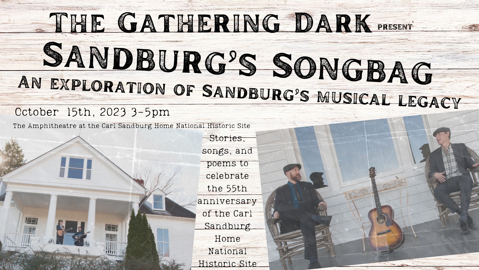 Two images, one of a large white house and one of 2 men sitting in front of the house