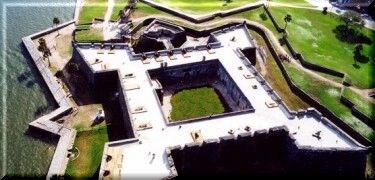 Aerial view of the Castillo showing its nearly square, star shaped design.
