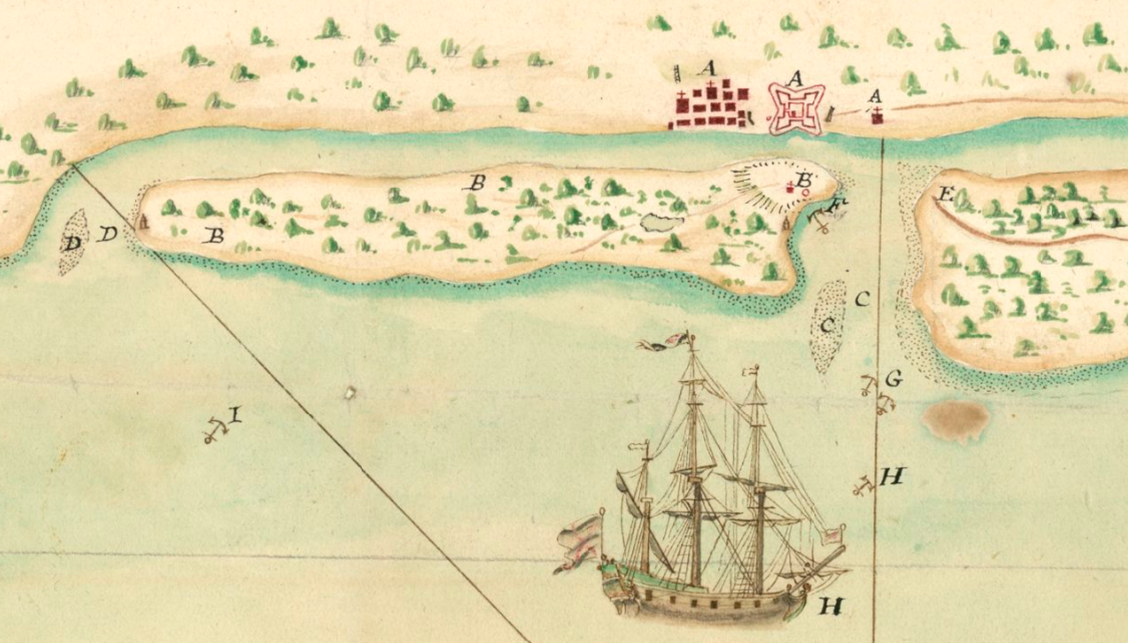 A simple map of St. Augustine and Anastasia Island, drawn in 1702.