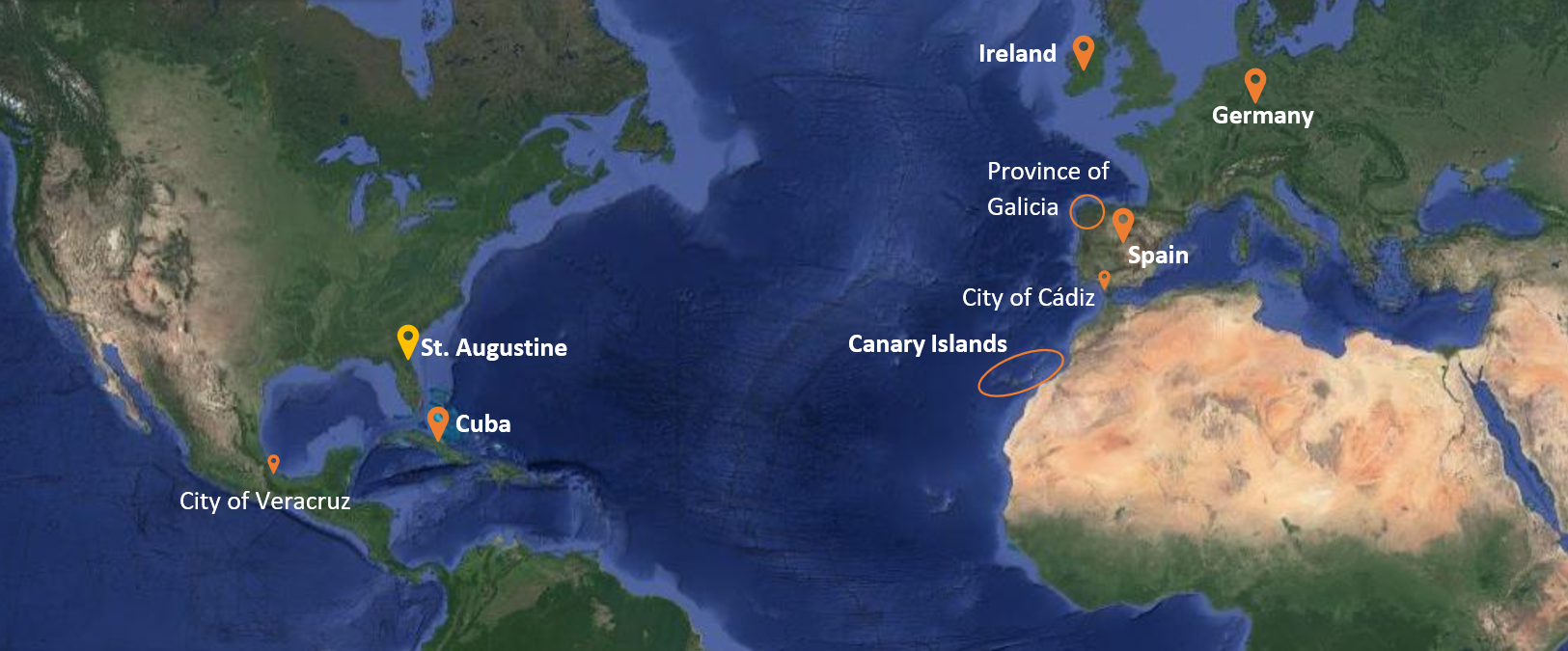 Map with markers in Veracruz, St. Augustine, Cuba, Canary Islands, Cadiz, Spain, Galicia, Ireland, Germany