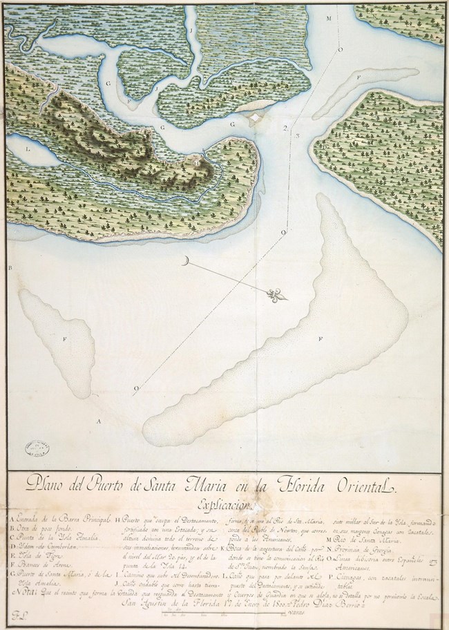 A hand-drawn map from 1800 showing the entrance to the St. Mary's River between Amelia and Cumberland Islands. Map key text is written in Spanish.
