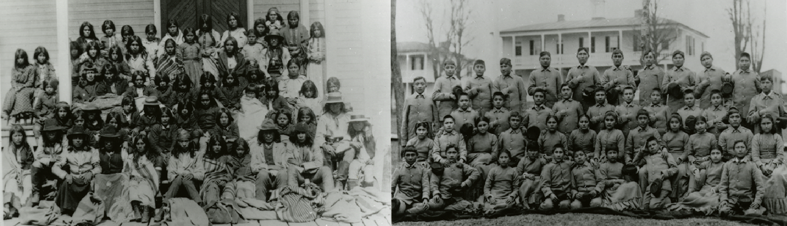 At left, Apache youth in traditional clothing. At right, Apache youth in military uniforms.