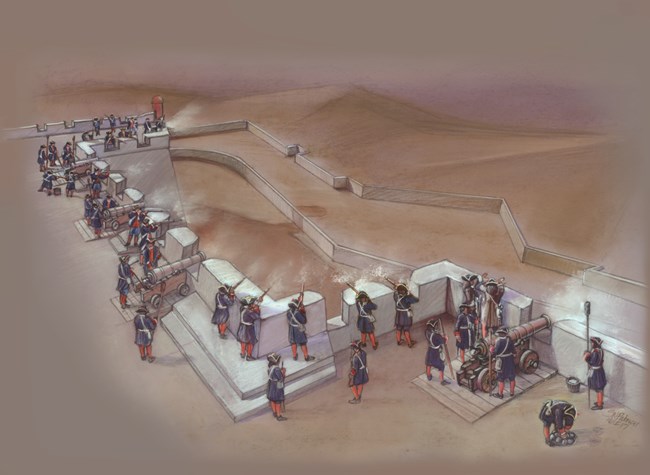 Artwork showing the various angles of a fortress wall