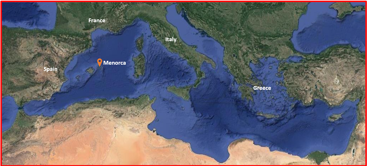 A map of the Mediterranean with Spain, France, Minorca, Italy, and Greece labeled
