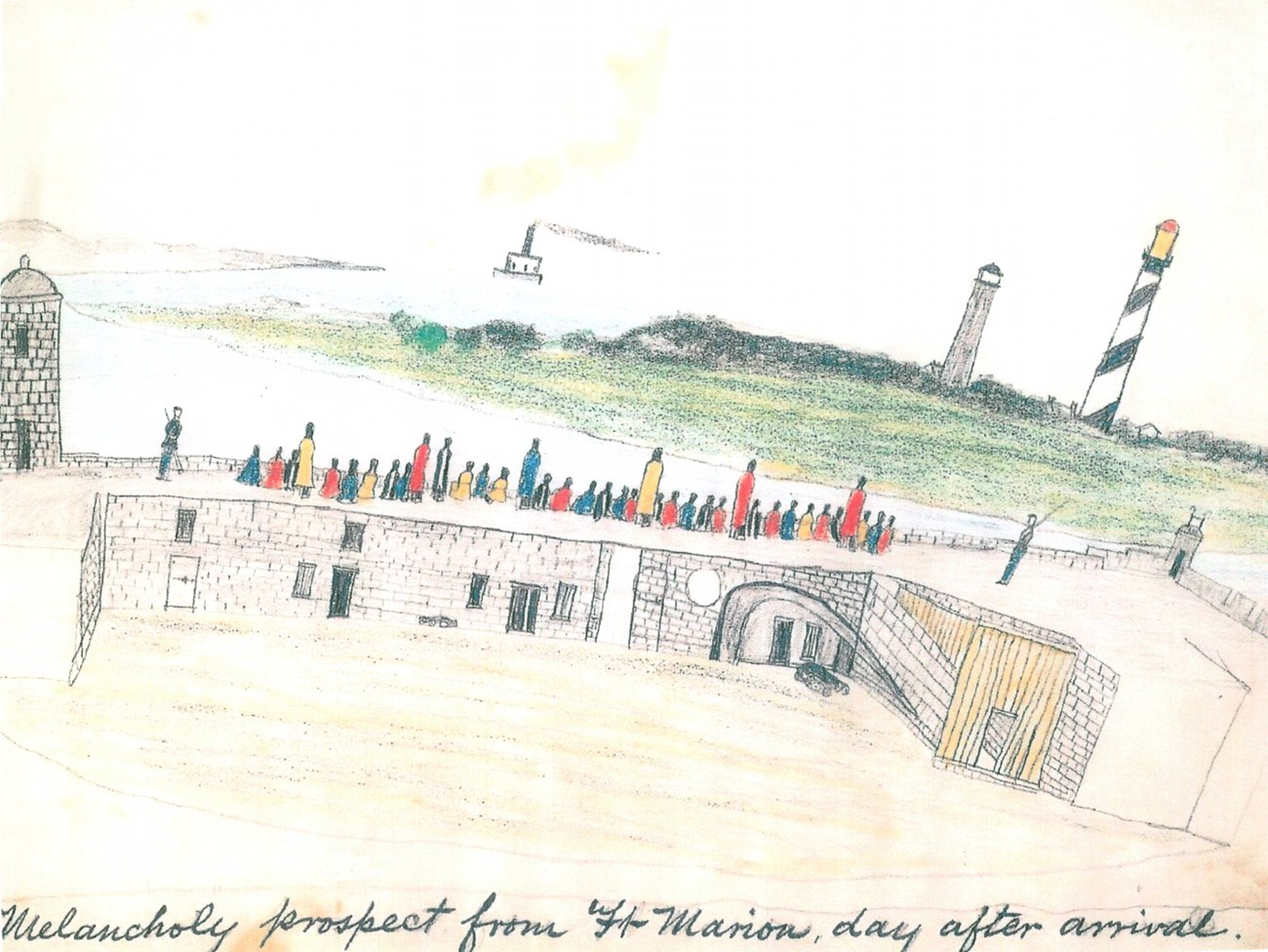 A drawing of Plains Indian prisoners on the Castillo's gundeck, looking towards the water.