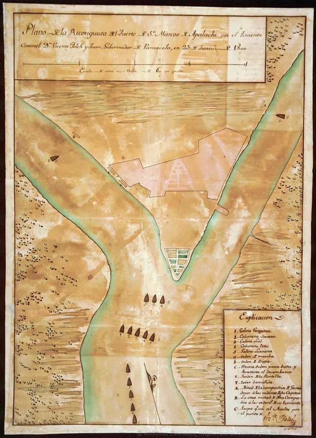 A hand-drawn map from 1800 indicating the location of Spanish ships preparing to retake Castillo de San Marcos de Apalache. Map key is in Spanish.