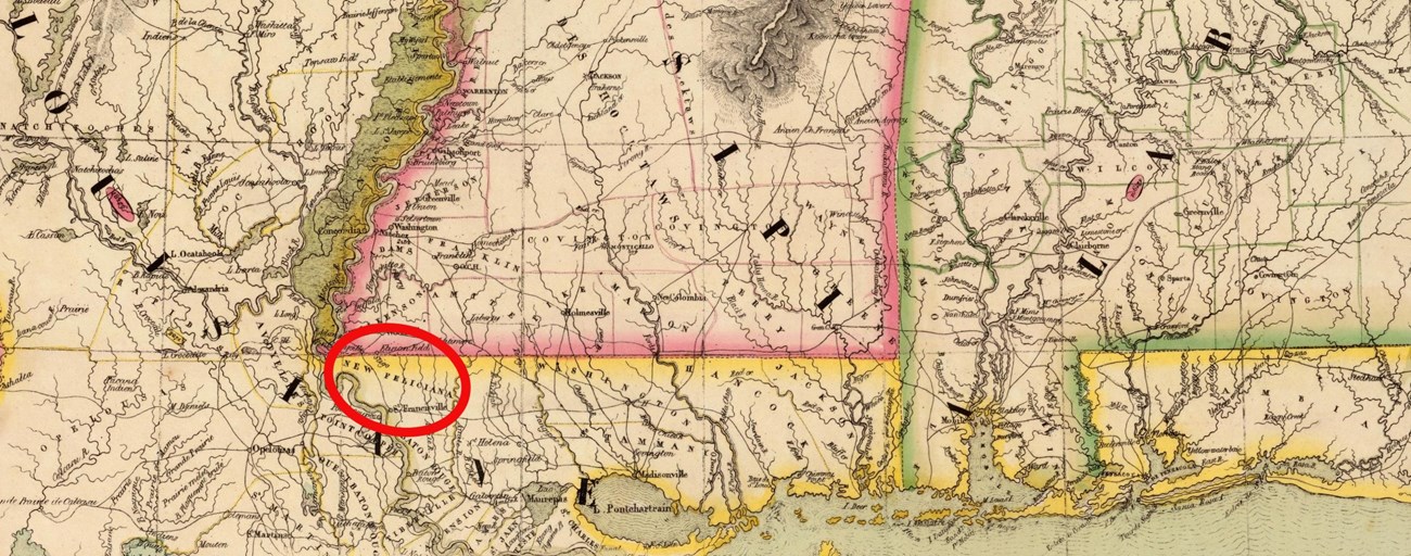 A hand-drawn map from 1827 showing southern sections of Louisiana, Mississippi, Alabama, and Florida along the. New Feliciana is circled in red.