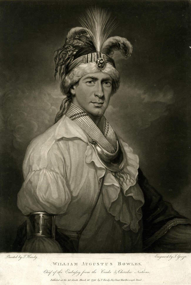 Mezzotint, waist-length portrait of man in 3/4 view, wearing white shirt, metal arm band, necklaces, gorget, shoulder bag and feathered headdress.