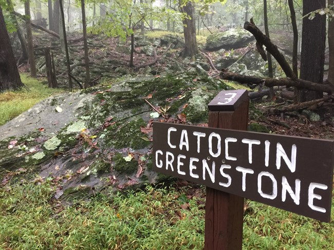 Catoctin Greenstone sign located next to greenstone boulder