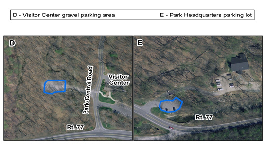 two additional demonstration areas, the visitor center gravel parking area and park headquarters parking lot