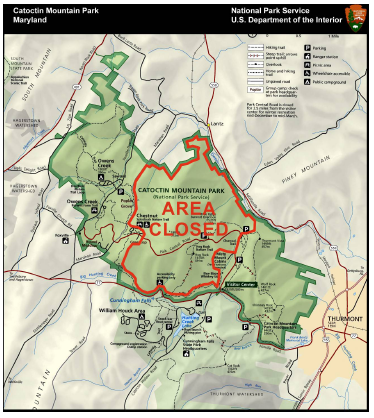 Appendix 1- A map of Catoctin Mountain Park with the middle third marked AREA CLOSED