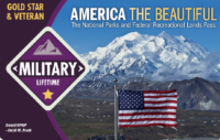purple card with U.S. flag in front of mountains with snow on highest peaks