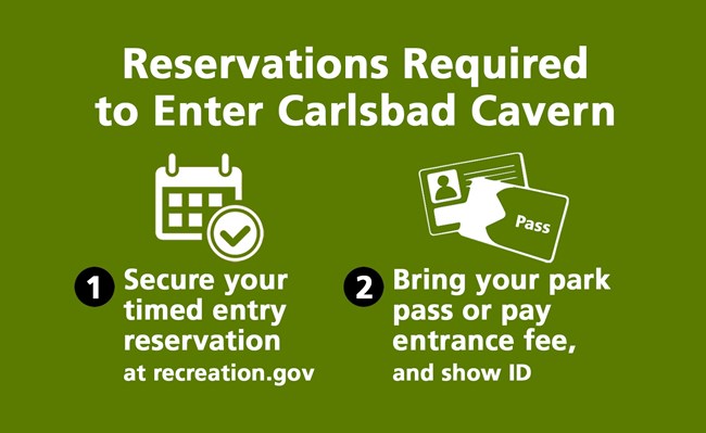 Graphic indicating reservations are required to enter Carlsbad Cavern and how to obtain reservations.