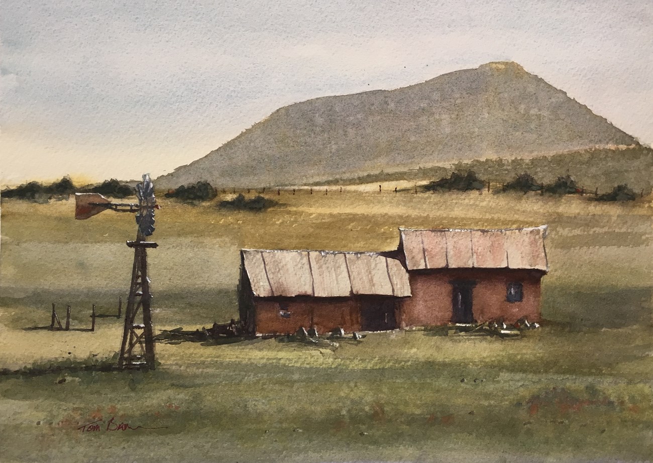 Water color paining of barn and windmill.  Capulin Volcano defines the horizon.