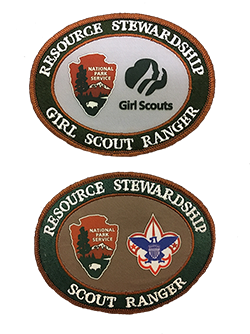Two oval patches aligned vertically.  Top reads "Resource Stewardship Girl Scout Ranger", bottom reads "Resource Stewardship Scout Ranger".  Both have NPS and Scout logos in center.