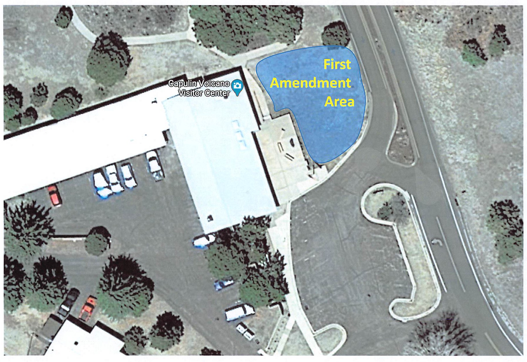 A map showing the visitor center and adjacent roads and parking areas with a blue area denoting where first amendment assembly is allowed