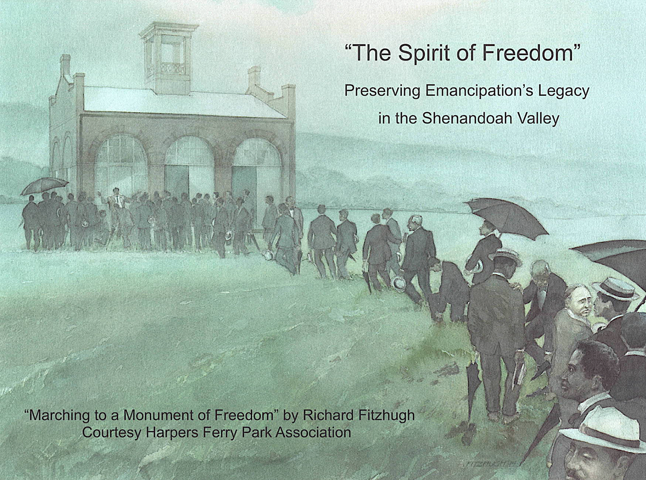 On an exhibit panel, a watercolor painting depicts African Americans gathering at a monument.