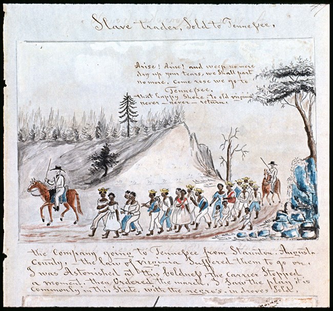 An 1850s sketchbook page has an ink drawing of men on horseback marching slaves along a road.