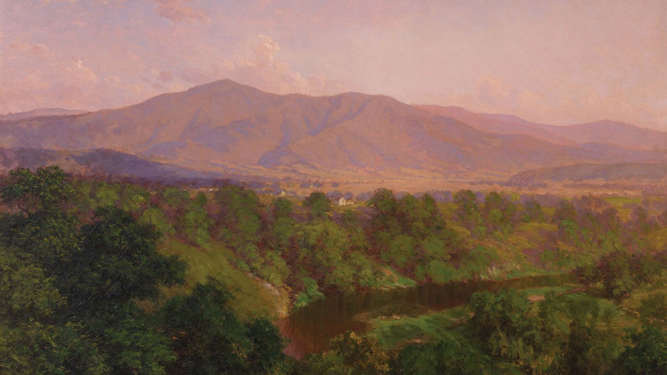 A painting depicts lush greenery of a river valley set among rugged mountains.