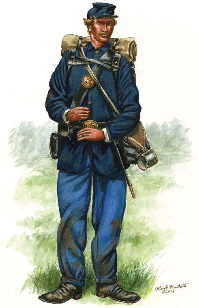 A painting illustrates the blue uniform and equipment of a 1800s soldier.