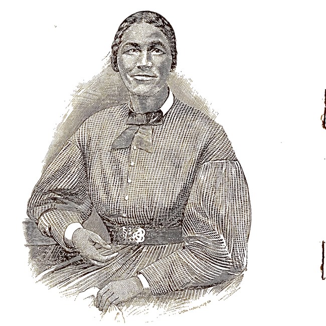 An 1800s line drawing shows a formerly enslaved woman in an illustration of her memoir.