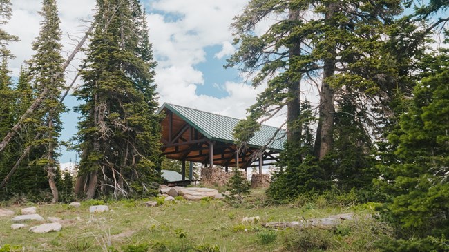 A pavilion made of stone and wood stands within a forested meadow at the Point Supreme Picnic Area.