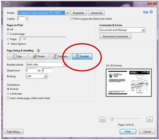 A screenshot of a print settings screen, with "Booklet" highlighted and circled