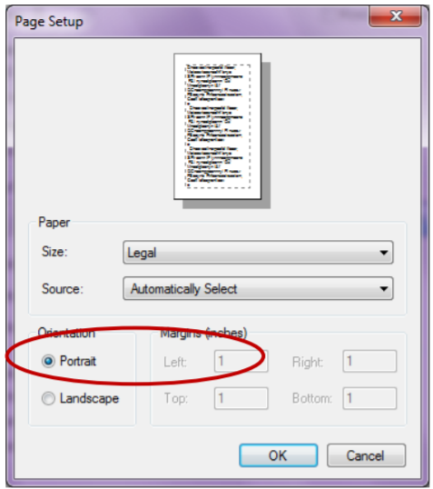 A screenshot of a print settings screen, with "Legal" selected and "portrait" selected and circled