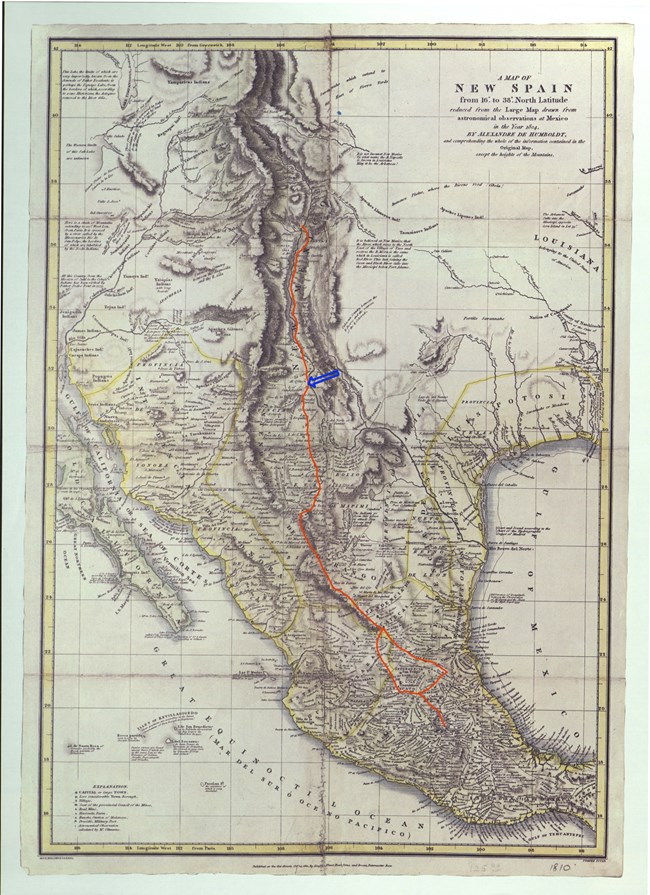 old map titled "New Spain" with red line running roughly north-south, which indicates location of trail