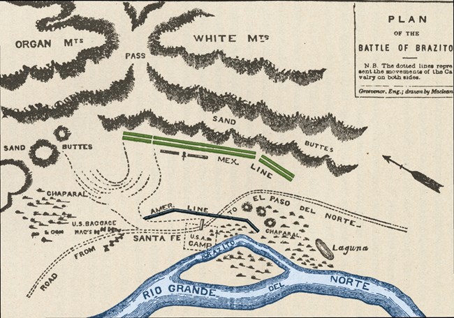 Hand drawn map showing US and Mexican battle lines located between the Rio Grande at the bottom and the Organ and White Mountains at the top