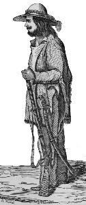 Line drawing of long-haired, bearded man in broad-brimmed hat and fringed hunting frock coat with rifle and saber