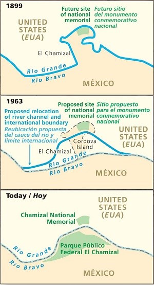 Diagrams of local section of the Rio Grande in 1899, 1963, and Today (top to bottom) show natural and manipulated changes in the river's course with location of the park for context.