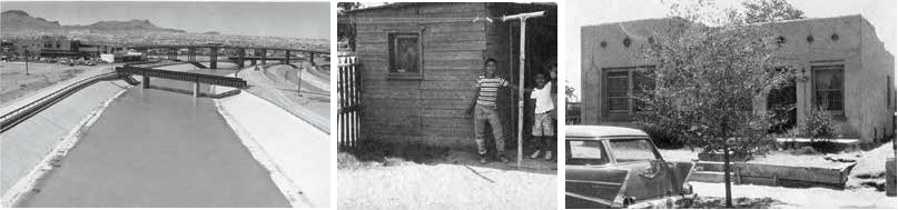 strip of 3 old photos showing (left to right) cement river channel with bridges crossing it, two boys standing outside wood-sided house, adobe home