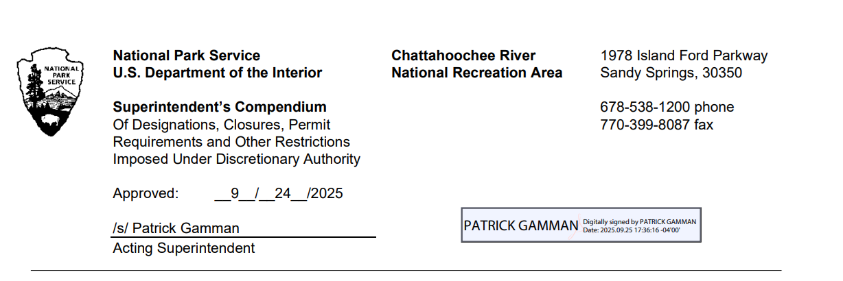 Park letterhead with title of Superintendent's Compendium and Superintendent's Signature, Patrick Gamman, dated September 25, 2025
