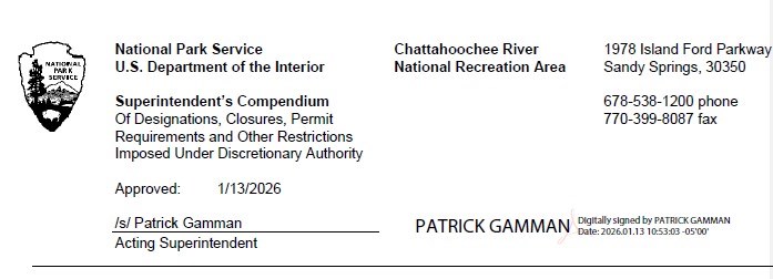 Park letterhead with title of Superintendent's Compendium and Superintendent's Signature, Patrick Gamman, dated January 13, 2026