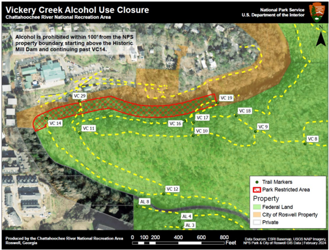 Alcohol prohibited within 100 feet from NPS property boundary starting above the historic mill dam and continuing past the covered bridge and creek frontage.