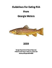 Text reading "Guidelines For Eating Fish From Georgia Waters 2020" with photograph of rainbow trout facing to the left.