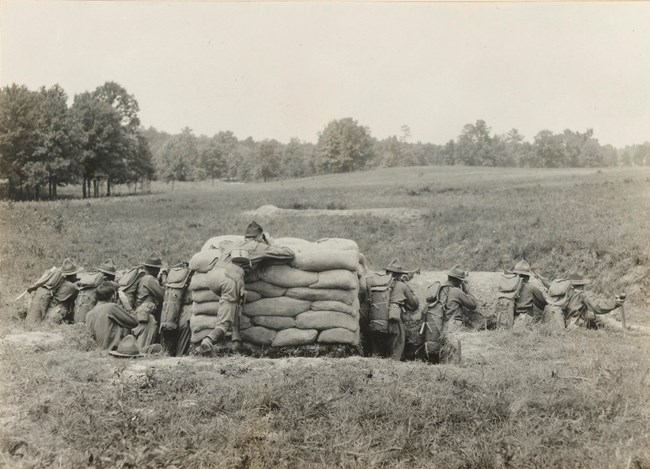 Officer candidates conduct weapons training at Chickamauga Battlefield in 1917