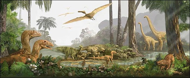 Illustrated Cretaceous tropical forest landscape with dinosaurs roaming on land and flying in the sky. Palm trees and flowers surround a still, shallow river.