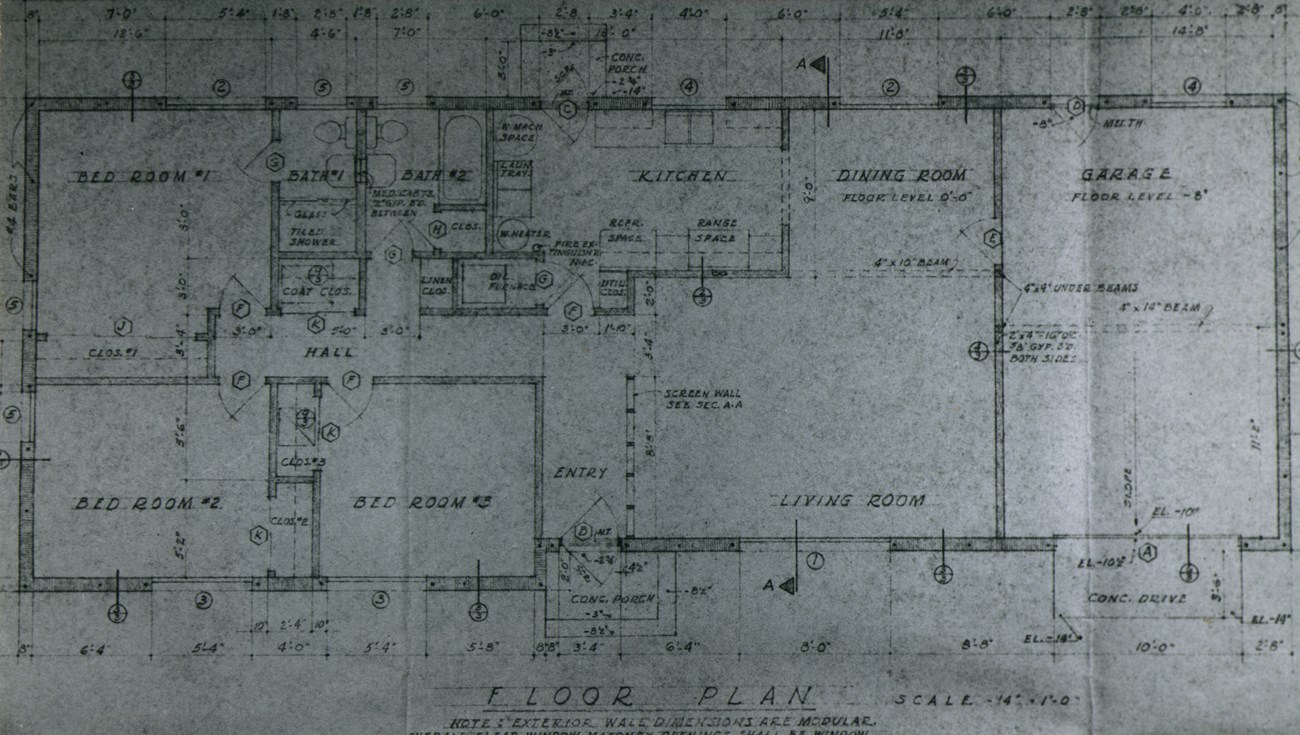 A written blueprint of a home layout detailing room names, wall placements, and doors.