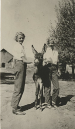 Two women standing with a donkey.