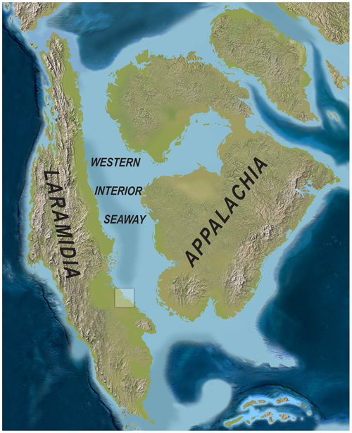 Illustrated image of North America around 75 million years ago, with a vast inland sea cutting through the middle of the continent. A small square box is drawn on the image to highlight modern-day Chaco Culture NHP.