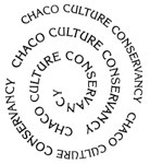 The "Chaco Culture Conservancy" logo consists of black lettering on a white background creating an inward spiral which repeats the words four times.
