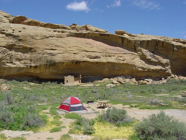 A tent is set up within a campground in front of a cliff face and cliff dwellings.