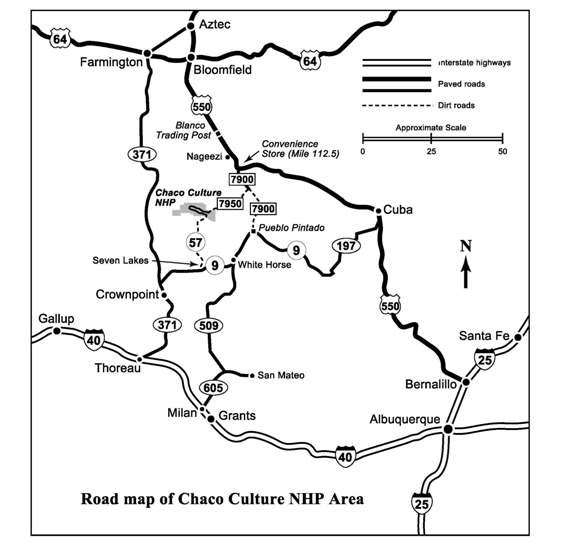 Simplified black and white map of the roads leading to and around Chaco Culture NHP.