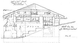 Architectural drawing of a stone and wood building