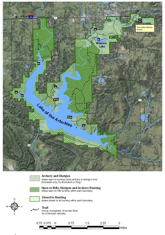 A map depicting the various area open to hunting, superimposed on a park map.