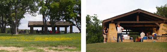 Two covered pavilion structures in the park