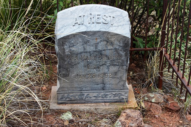 Gravestone that says At Rest on the top, and then Mrs. Mary Bridger, died Jan. 28, 1902.